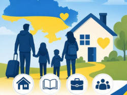 Ілюстрація у синьо-жовтих кольорах українського прапора. Сім'я переселенців із валізою йде до будинку на тлі карти України; знизу — іконки: проживання, освіта для дітей, робота, підтримка громади.