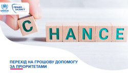 Дерев'яні кубики з літерами утворюють два слова: перекреслене «C» окремо ліворуч (символізує зміну) та слово «HANCE» — разом вони складають гру слів «CHANGE → CHANCE» (зміна → шанс). Кубик «C» тримають пальці руки. У верхньому лівому куті — логотипи UNHCR (УВКБ ООН) та благодійного фонду «Право на Захист». Внизу зліва синім текстом напис: «Перехід на грошову допомогу за пріоритетами», підкреслений рожевою лінією.